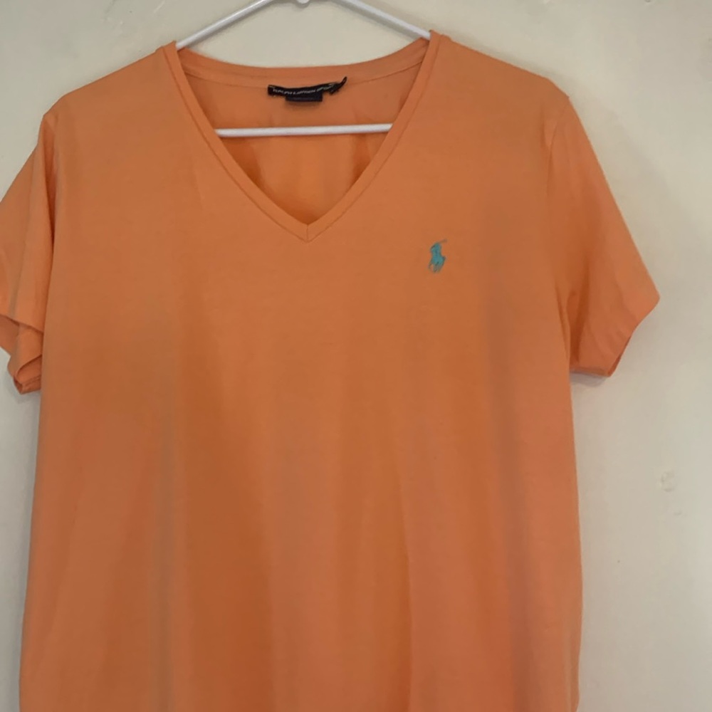 Ralph Lauren v neck sport peach with turquoise logo
